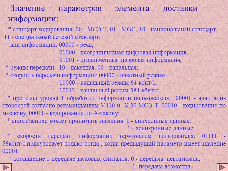 Значение параметров элемента доставки информации: * стандарт кодирования: 00 - МСЭ-Т, Значение параметров элемента доставки информации: * стандарт кодирования: 00 - МСЭ-Т,